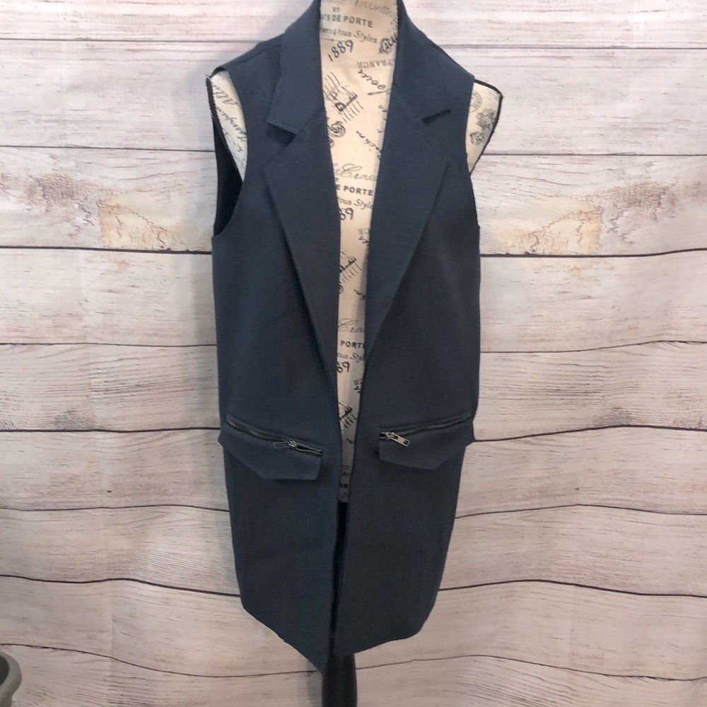 Topshop Long Vest Open Zippered Pockets Raw Edge Size 6 Navy Notch Lapel